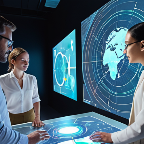 **

"A diverse group of professionals collaborating around a holographic display showing interconnected data points, symbolizing multidisciplinary expertise and the integration of different knowledge areas. The scene incorporates elements of technology and nature, representing sustainable practices and the ethical use of AI. Soft, diffused lighting conveys a sense of optimism and innovation."

**