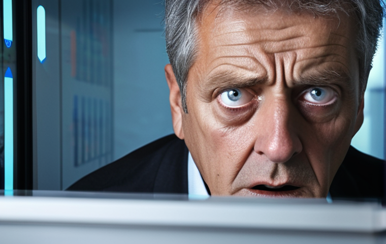 **Prompt 1:** A close-up portrait of a middle-aged or older professional, gazing with a mixture of fear, frustration, and apprehension at an unseen modern digital interface. Their eyes reflect the glowing screen, hinting at complex data or new software. The background is a softly blurred, contemporary office environment, emphasizing the challenge of digital transition on a human level. Evokes a sense of emotional resistance and the struggle with the unknown. Realistic, empathetic lighting, corporate setting.