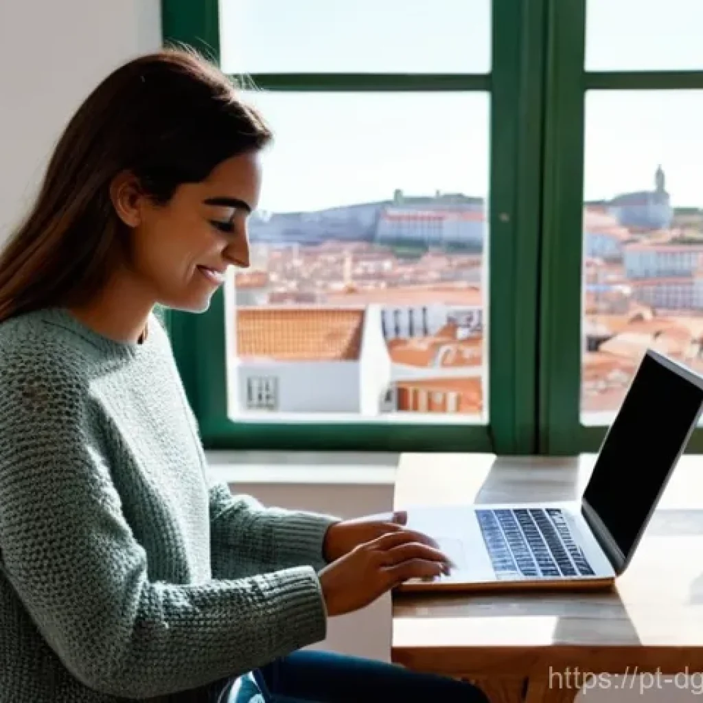 디지털 기술이 일의 성격을 변화시키는 방식 - **Prompt:** A young Portuguese woman, in her late 20s, with a warm smile, is comfortably seated at a...