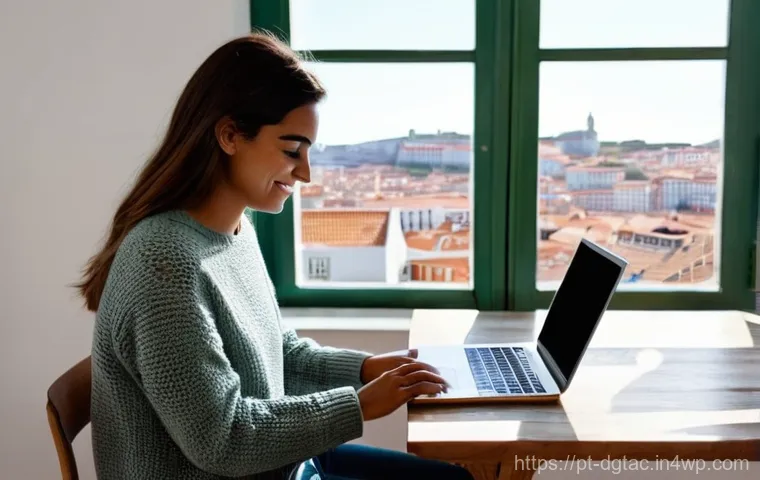 디지털 기술이 일의 성격을 변화시키는 방식 - **Prompt:** A young Portuguese woman, in her late 20s, with a warm smile, is comfortably seated at a...
