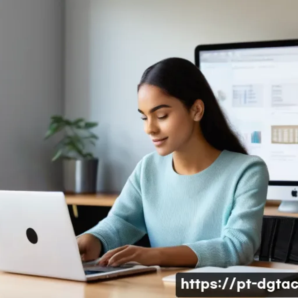 디지털 시대의 전문성 향상과 경쟁력 - A modern, bright home office scene with a young professional woman of Brazilian descent sitting at a...