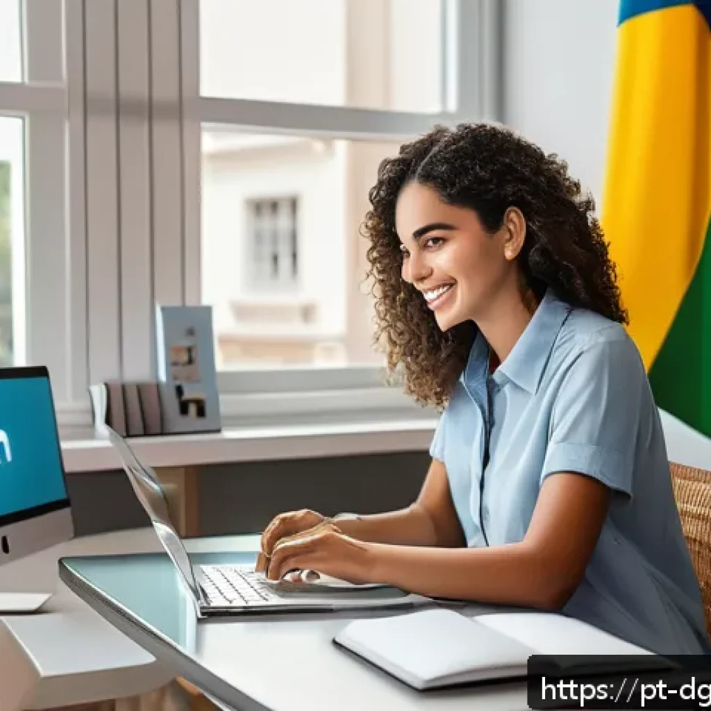 디지털 기반의 전문성 개발 방법 - A modern digital professional workspace in Brazil, featuring a young Brazilian woman wearing casual ...
