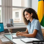Home 22 디지털 기반의 전문성 개발 방법 - A modern digital professional workspace in Brazil, featuring a young Brazilian woman wearing casual ...