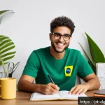 Home 19 디지털 시대의 인재 양성 프로그램 - A modern Brazilian home office setup with a young adult engaged in an online digital skills course o...