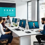 Home 23 디지털 전문성을 갖춘 인재의 특징 - A modern office setting with a diverse team of young professionals collaborating remotely using digi...