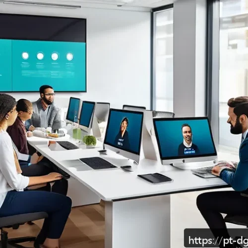 Home 17 디지털 전문성을 갖춘 인재의 특징 - A modern office setting with a diverse team of young professionals collaborating remotely using digi...