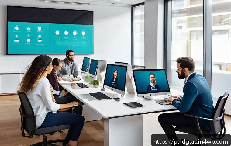 디지털 전문성을 갖춘 인재의 특징 - A modern office setting with a diverse team of young professionals collaborating remotely using digi...